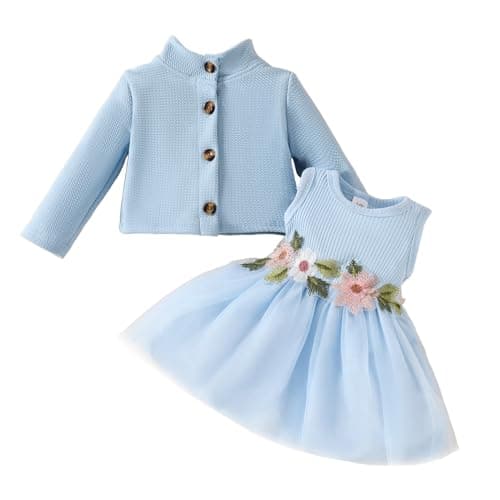 Image of DivingBirds Baby Girls Dress and Cardigan 2pcs Set Floral Print Butterfly Tulle Dresses Toddler Long Sleeve Waffle Coat Clothes for Girl 2-3 Years Blue