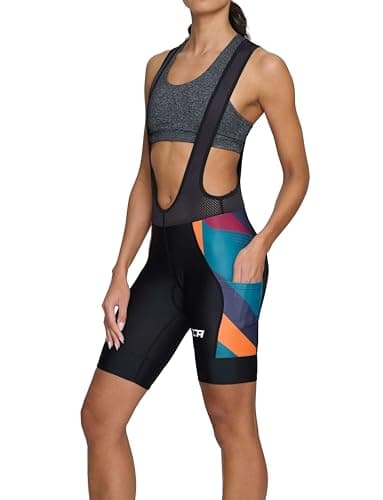 Image of TCA Women’s Padded Cycling Bib Shorts – Padded Cycling Shorts for Woman with Side Pockets – Ladies Quick Dry Bike Clothing for Road, Gravel & MTB - Orange Graphic, L
