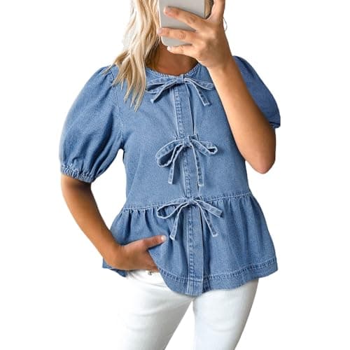 Image of Women Lace Up Front Denim Tops Doll Outfit Ruffle Sleeve Denim Shirt Crew Neck Casual Shirt with Bow Tie, lightblue, XL