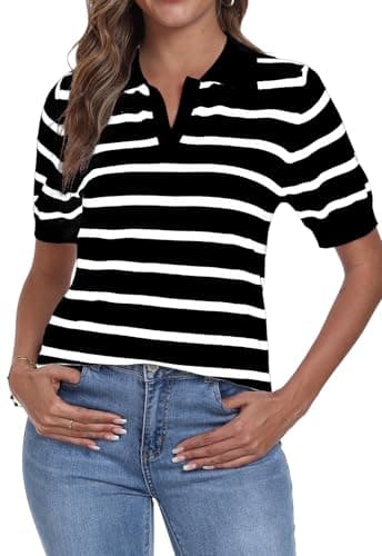 Image of YUNDAI Womens Short Sleeve V Neck Striped T Shirt Summer Ribbed Knit Collared Casual Slim Fitted Cute Basic Tee Tops Blouse, Medium Black Stripe White