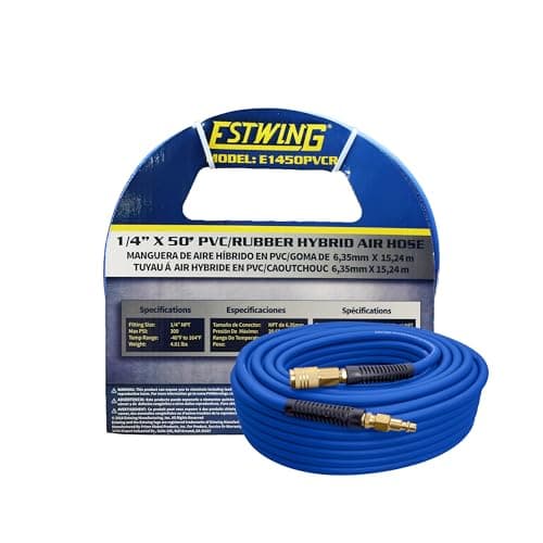 Image of Estwing E1450PVCR 50' PVC/Rubber Hybrid Air Hose with Brass NPT Industrial Fitting and Universal Quick Connect Coupler, Blue and Yellow, 1/4" x 50’