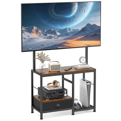 Image of ikkle Universal TV Stand for 32-55 Inch Screens, Adjustable Television Stand with Mount, TV Console Table with Storage Shelf & Drawer, Small TV Stand for Bedroom, Living Room, Brown