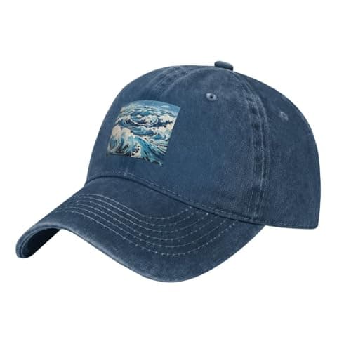 Image of Ukiyo-e Style Waves Unisex Washed Denim Baseball Cap, Adjustable Cotton Navy Blue Dad Hat for Outdoor Sports Travel