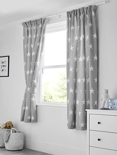 Image of Bloomsbury Mill - Kids Curtains for Boys & Girls Bedroom - Grey & White Stars - Lined Curtain Pair with Tiebacks - Nursery Curtains for Childrens Baby Room - 66X72 inch drop (168x183cm)