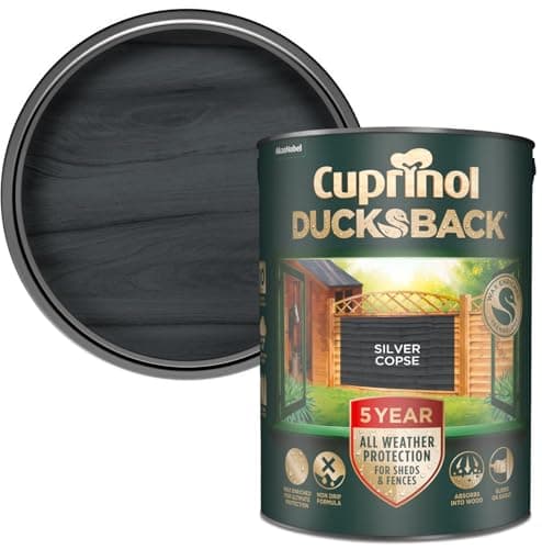 Image of Cuprinol Ducksback Shed & Fence Paint Silver Corpse 5L – Cuprinol Fence Paint, 5-Year Weatherproof, Wax-Enriched Non-Drip Formula, Quick-Dry, Water-Repellent Exterior Wood Treatment