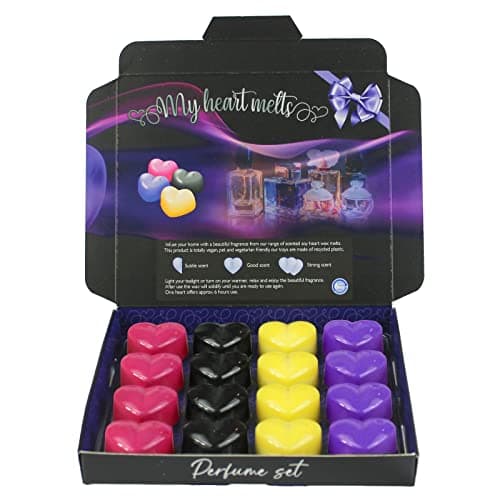 Image of Mixed Perfume Wax Melts Gift Set; 16 x 6g Hearts Inspired by Angel, Alien, Black Opium & Creed in a Printed Presentation Gift Box, Pet Friendly, Cruelty Free by Spotless Leopard