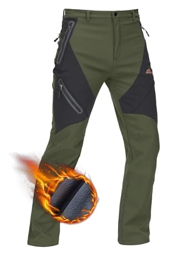 Image of TACVASEN Hiking Trousers Men Fleece Thermal Trousers Windproof Stretch Pants Cargo Winter Trousers Men Green