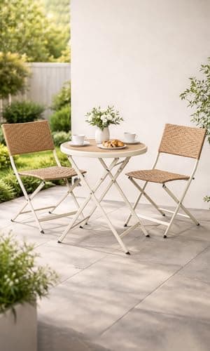Image of Dawsons Living Folding Wicker/Metal Bistro Set - Weather Resistant Outdoor Garden Furniture Set - Decking Patio Conservatory Balcony Set (Natural)