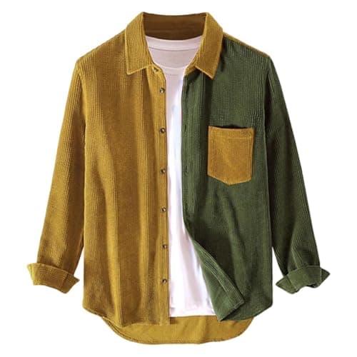 Image of BVEBJDX Men's Corduroy Shirt UK Clearance Patchwork Sweatshirts Corduroy Shacket Jacket Button Down Shirt with Pockets Vintage Colorblock Long Sleeve Casual Shirts Lapel Collar Sweatshirt Army Green