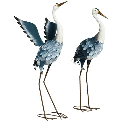 Image of Outsunny Heron Garden Statues, Standing Garden Ornament, Metal Garden Gift with Stakes for Patio, Garden, Landscape Decoration Set of 2, Blue & White