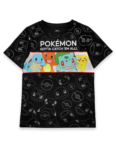 Image of Pokemon T-Shirts for Boys | Kids Green OR Black Top | Pikachu Squirtle Bulbasaur Charmander Characters Clothing Merchandise 5-6 Years