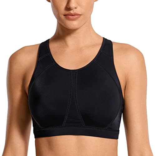 Image of SYROKAN Women's Sports Bra for Large Breasts High Impact Full Coverage Padded Wireless Running Halter Neck Bra Black 2 42F