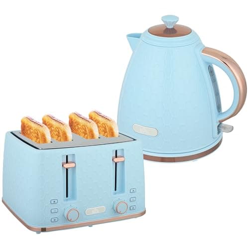 Image of HOMCOM Kettle and Toaster Set, 1.7L 3000W Fast Boil Jug Kettle with Auto Shut Off, 4 Slice Toaster with 7 Level Browning Controls & Crumb Tray, UK Otter Thermostat, Light Blue
