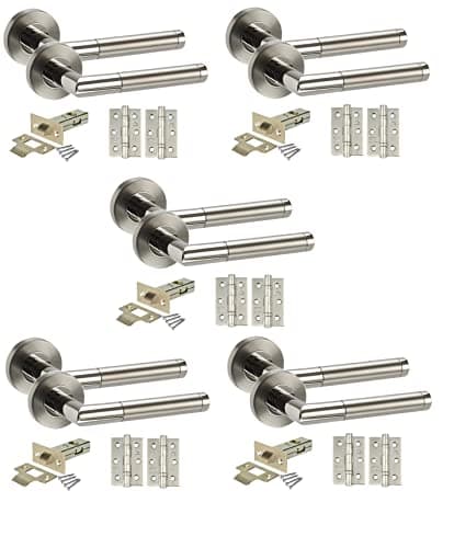 Image of Golden Grace Mitred Style Modern Chrome Door Handles on Rose with Duo Finish Door Lever Latch Pack with Ball Bearing Hinges and 64mm Tubular Latch or Bathroom Set or Lock Set (5 Sets)