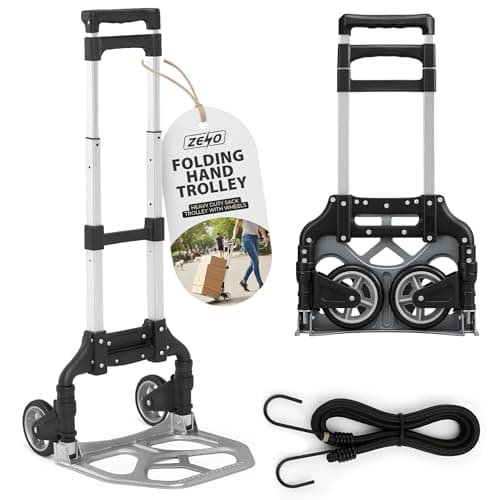 Image of ZENO Folding Hand Truck | Sack Barrow with Bungee Rope | Foldable Hand Trolley | Heavy Duty Aluminium Sack Truck for Luggage, Home, Office, Warehouse | Foldable Hand Trolley | 80kg Capacity
