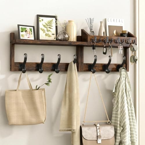 Image of Xygobla Wall Mounted Coat Rack with Shelf & 11 Metal Hooks | 29 Inch 4-in-1 Entryway Organiser, Key and Mail Holder | Durable Wood & Carbon Steel for Living Room, Bedroom, Hallway | Rustic Brown