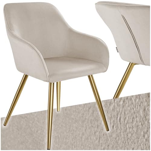 Image of tectake® Dining Chair in Velvet Look with Gold Steel Legs, Stable & Thickly Padded Armchair, Ergonomic Design & Easy Assembly - Ideal as Dining, Living Room, Bedroom & Desk Chair - Taupe/Gold