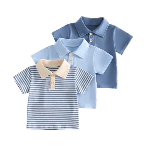 Image of Unisex Toddler Boys Summer Clothes Short Sleeve Button up Solid Striped Print Lapel Shirt Tops Outfits Baby Girl Casual Polo Shirt Pack of 3 Set (Sky Blue, 6-12 Months)