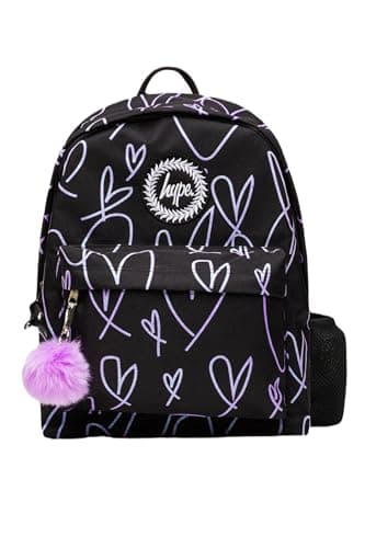 Image of hype Girls Backpack, Black with Purple Iconic Glitter Scribble Hearts, School Bag for Kids, Comfortable Rucksack with Bottle Holder, 3 Storage Compartments, Padded, Adjustable Straps & Grab Handle