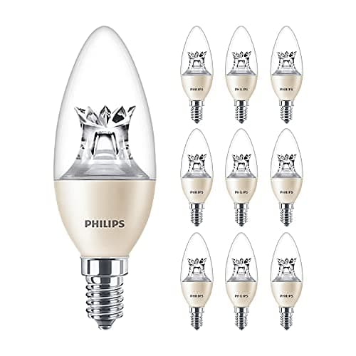 Image of PHILIPS Pack of 10 x Master LED 5.5W (40W Replacement) B38 Candle, E14 Small Edison Screw, Dim Tone 2200K-2700K, Warm White, Clear Bulb, UK (10)