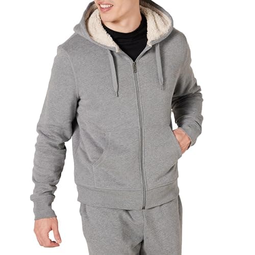 Image of Amazon Essentials Men's Sherpa-Lined Full-Zip Fleece Hoodie, Light Grey Heather, L
