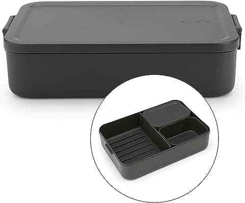 Image of Brabantia - Make & Take Lunch Box Bento (2L) - Removable Compartments for Food Separation - Lid with Clips - Suitable for Freezer - Dishwasher & Microwave Safe - Dark Grey - 25.5 x 16.7 x 6.2 cm