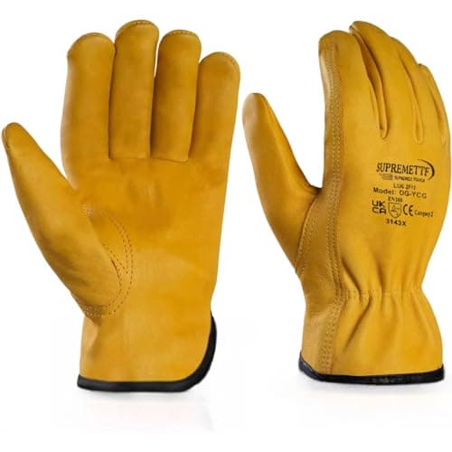 Image of 2 Pairs Work Gloves Cowhide Grain Premium Leather Yellow Driver Gloves Inside Fleece Lining & Unlined General Purpose Builder, Mechanics, Driver, Rigger, Safety, Gardening, DIY (Yellow, Medium)