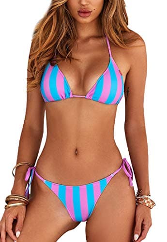 Image of JFAN Bikini Sets for Women Tie Side Bottom Halter Triangle Top Two Piece Swimsuits Blue Stripes L