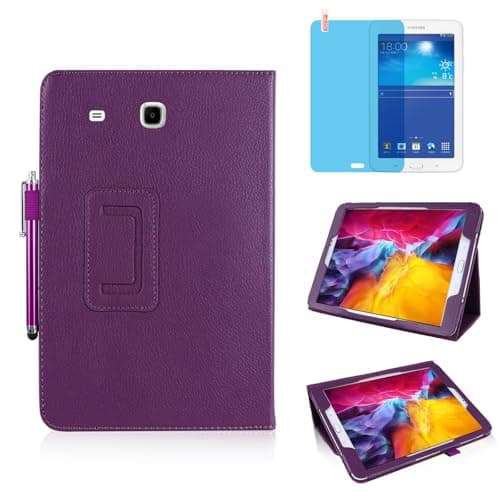 Image of Slim Leather Case for Samsung Galaxy Tab 3 Lite 7.0 Inch 2014 (SM-T110 T111 T113 T116), Multi-Angle Stand Full-Protective Tablet Cover Book Case with Stylus Pen,Screen Film (Purple)