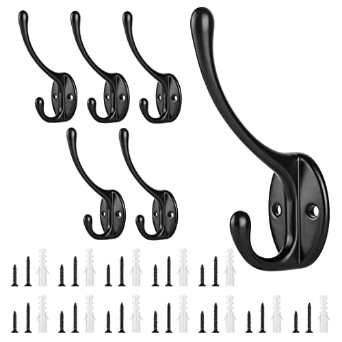 Image of Sinofort Coat Hook, 6 Pcs Heavy Duty Black Coat Hooks, Wall Mounted Metal Hooks with 24 Screws for Wall, Door, Wardrobe (Black)