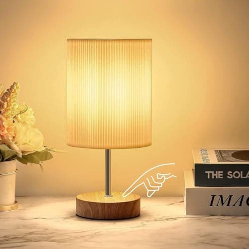 Image of Aomeya Bedside Lamps, Touch Control Table Lamp 3-Way Dimmable Small Lamp with 3D Pleats Fabric Shade LED Minimalist Nightstand Warm White for Christmas Xmas Bedroom Living Room (1, Wood)