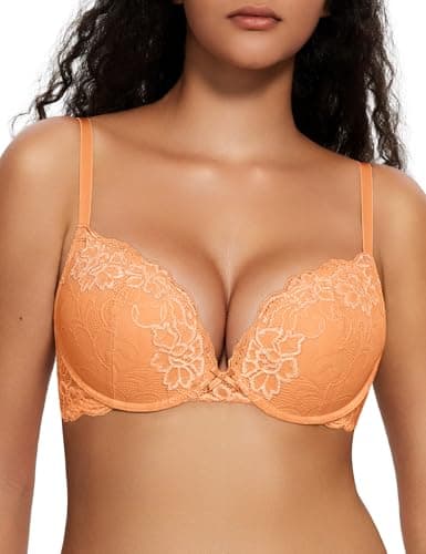 Image of Deyllo Women's Push Up Lace Bra Sexy Deep V Lift Up Bra Underwire Padded Comfort Everyday Bra(Melon Orange,34A)