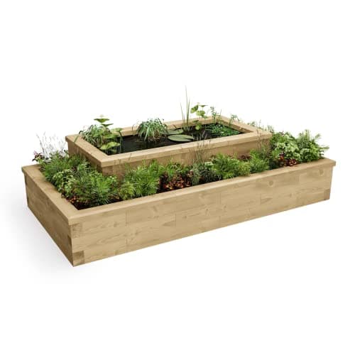 Image of WoodBlocX Raised Pond Kit- Wooden Garden Pond With Planters For Fish, Plants & Other Wildlife. Outdoor Water Features For The Garden- No Power Tools Needed, Includes Liner- (2.25 x 1.5 x 0.55m)