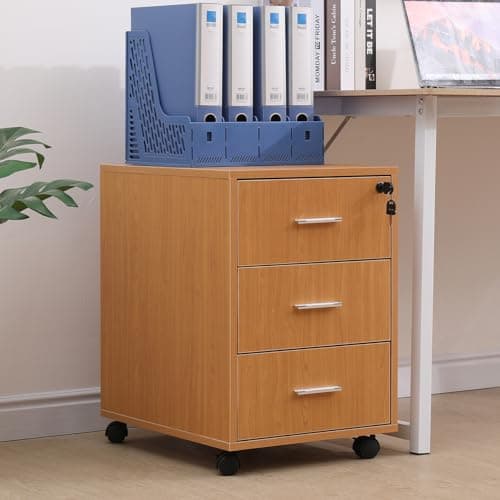 Image of BonChoice 3 Drawers Mobile File Cabinets Pedestal Office Filing Cabinet with Rolling Casters, Wood Under Desk Storage Cabinet for A4 Paper (Walnut Lockable)