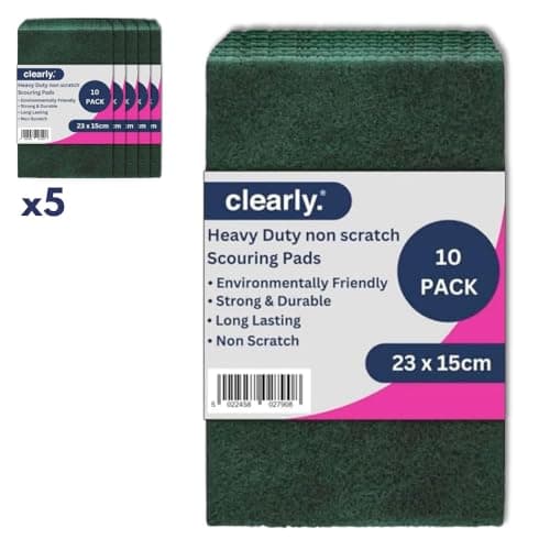 Image of Clearly Scouring Pads, Pack 50 Cleaning Pads, Heavy Duty Kitchen Scourers, Non Scratch, Long Lasting Green Scouring Pads, Hygienic Dish Scrubber, Environmentally Friendly