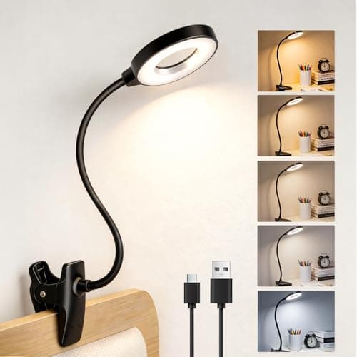 Image of Clip On Reading Light, 5 Color Modes 5 Brightness Touch Control, 360°Flexible Clamp Desk Light for reading studying working, Type C Rechargeable Bed Reading Lamp for Books, Bedside Table (Black)