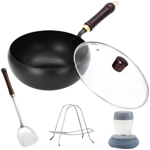 Image of Suntuup Japanese Iron Pan – Hand-Forged Uncoated Wok with Spatula, Stand & Cleaning Brush, Naturally Non-Stick, Durable Yet Lightweight, for Gas & Induction Cooktops (Glossy glass lid, 28 cm)