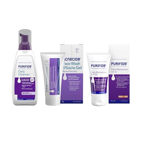 Image of Acnecide + Purifide Double Cleanse Skincare Set, with Acnecide Face Wash Gel for Blackheads & Acne Prone Skin(50g), Purifide SPF 30 Moisturiser (50ml) + Daily Cleanser (235ml)