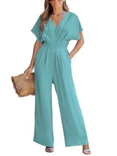 Image of CUPSHE Womens Summer Jumpsuit V-Neck Short Dolman Sleeve Overall Wide Leg Long Playsuit Casual Elegant Outfits