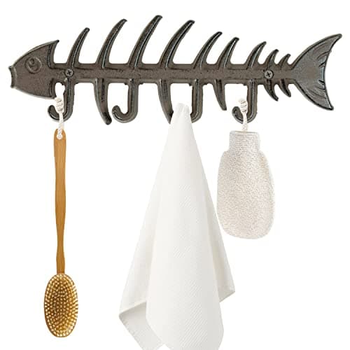 Image of Woodside Decorative Fish Bones Wall Mounted Towel Rack, Cast Iron Rustic Coat Hanger, Fixings Included, Rustic Dark Brown Finish