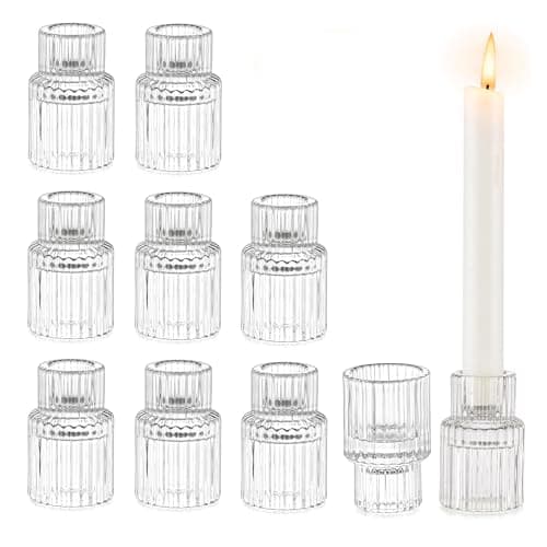 Image of Glasseam Small Candlestick Holders, Clear Glass Candle Holder Set of 10, Ribbed Christmas Candle Holders for Living Room, Modern Candle Stick Holders Candleholders for Wedding Centrepiece Home Decor