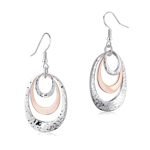 Image of Aliyoham Two-Tone Geometric Dangly Earrings for Women Rose Gold and Silver Double Oval Drop Earrings Boho Earrings Hypoallergenic Earrings