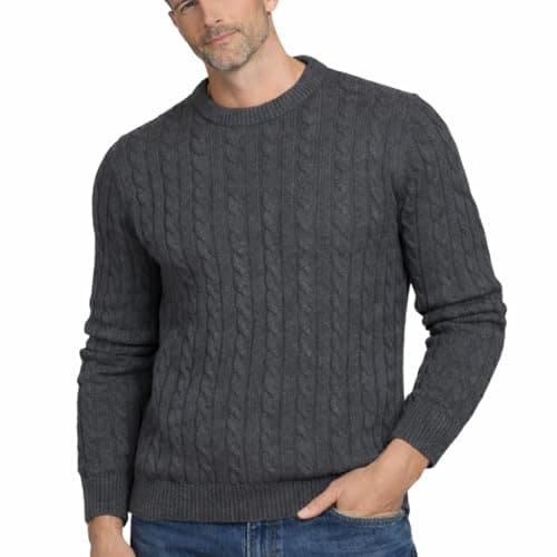 Image of Xact Mens Cable Knit Jumper – Cotton Rich Crew Neck Aran Knitwear Pullover, Textured Midweight Winter Sweater (Navy) L