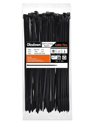 Image of Oksdown 100 Pack Black Thick Cable Ties Heavy Duty Large 200mm×4.8mm Strong Nylon Plastic Self Locking 8 inch/20 cm Long Zip Tie Wraps