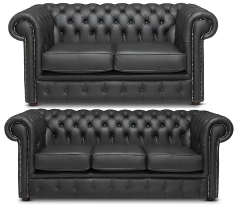 Image of Chesterfield Three And Two Seater Sofa Set Italian Black Leather | Handcrafted In The UK | Deep Button Tufted Design | Rolled Arms | Luxury Classic Living Room Furniture