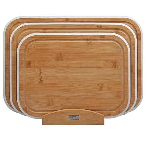 Image of Cooks Professional 3 Piece Bamboo Chopping Board Set with Storage Stand | Durable Wooden Cutting Boards in 3 Sizes for Fruit, Vegetables, Meat, Bread | White Edging