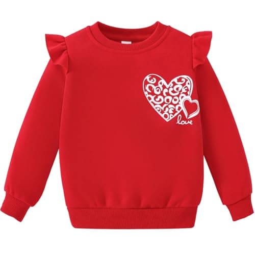 Image of Balkorith Girls Valentine Sweatshirt Heart Jumper Crew Neck Baby Ruffle Long Sleeve Shirt Kids Cotton Pullover Tops 2 Years