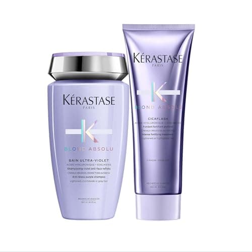 Image of Kérastase Blond Absolu, Anti-Brass Purple Shampoo, Toning, For Cool Blondes & Grey Hair, With Hyaluronic Acid & Edelweiss Flower, Bain Ultra Violet, 250ml & Kérastase Blond Absolu & Edelweiss Flower