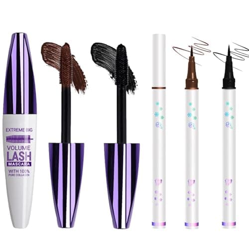 Image of Extreme Big Volume Lash Mascara with Collagen & Liquid Eyeliner Set - Waterproof, Smudge-Proof Mascara Brown Black and Eyeliner Pencil for Sensitive Eyes, Long-Lasting Lengthening and Curling Effect