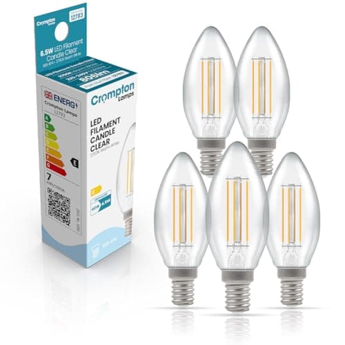 Image of Crompton Lamps Filament Candle LED Light Bulb SES-E14 | 6.5W = 60W Equivalent | Warm White 2700K | Energy Efficient | Small Screw Lightbulb | Long Life 10000-Hrs | Clear Glass | 5-Pack